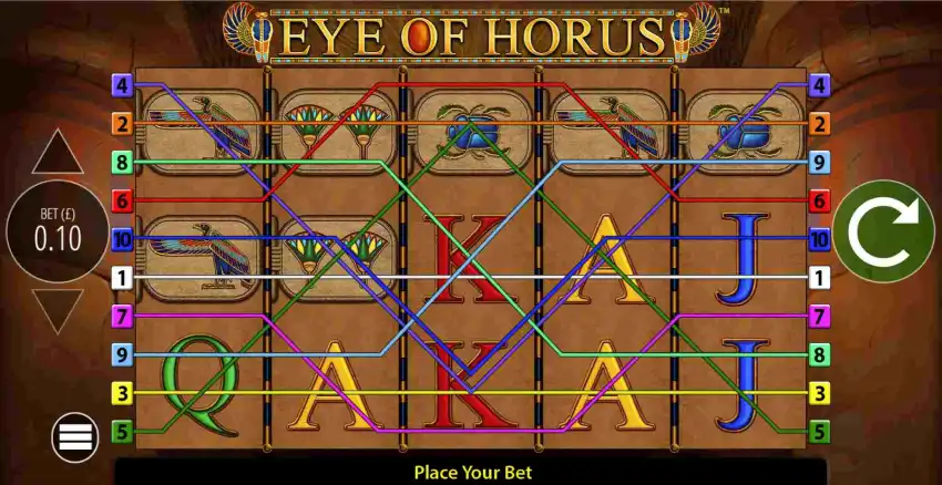 Eye of Horus slot gameplay showing expanding Horus wild on reel 3 during free spins bonus